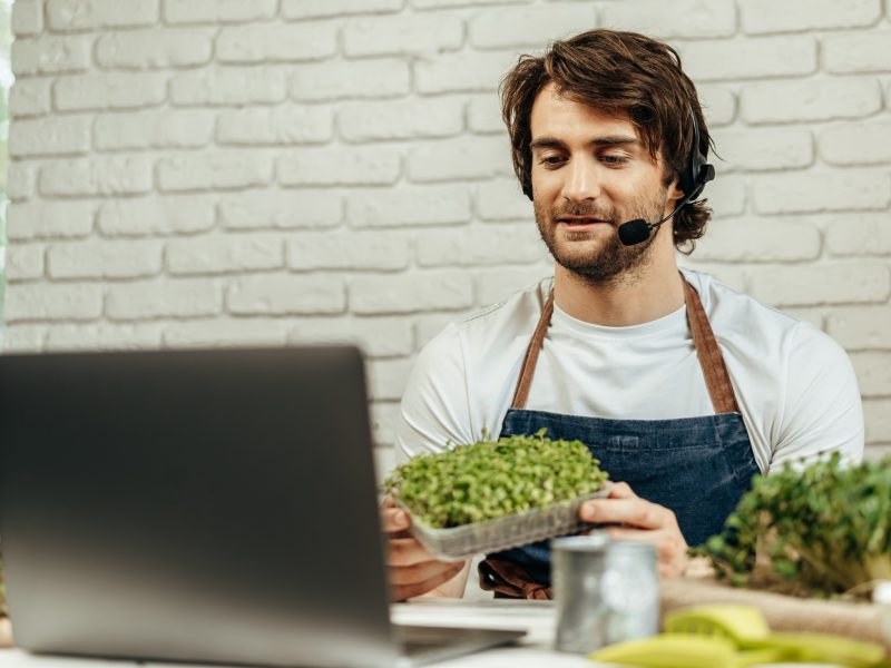 Handsome bearded man sells plant sprouts and seedlings online using laptop